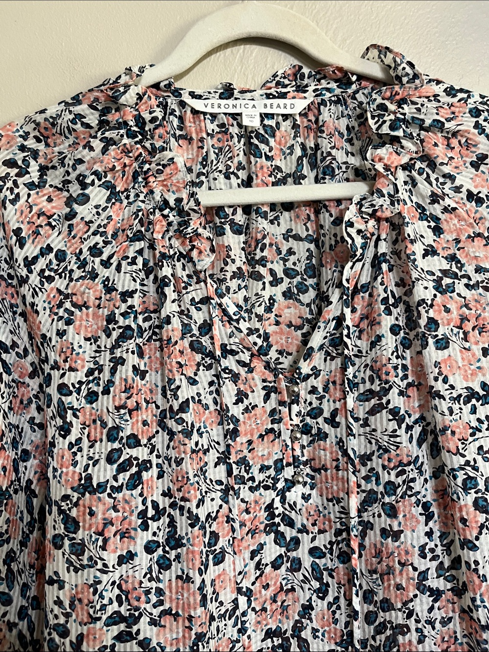 Veronica Beard Coral and Navy Floral Ruffle V-Neck Blouse - Picture 3 of 8